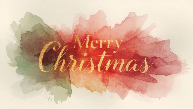 Displaying gold script merry christmas over watercolor red and green splash with metallic foil