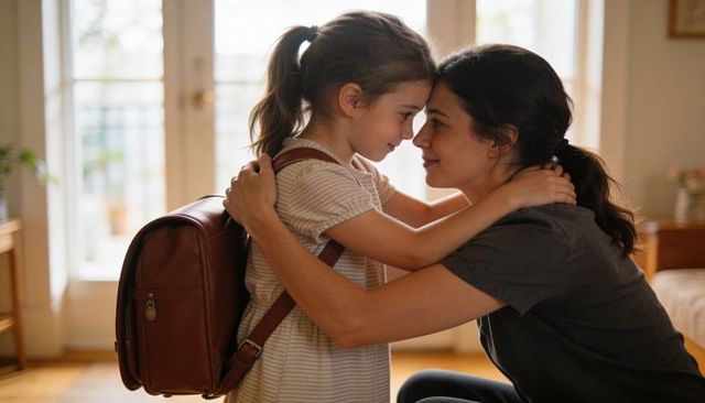 Sunlit morning sendoff mother daughter forehead embrace with brown leather backpack