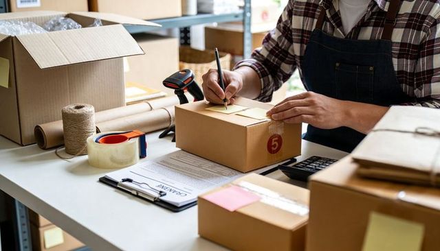Warehouse Worker Packing and Labeling Small Parcel at Fulfillment Station with Shipping Supplies
