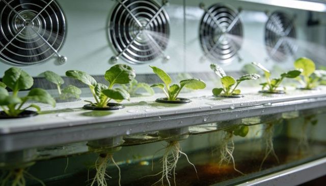 Growing hydroponic leafy greens with visible roots in clear reservoir and axial fans