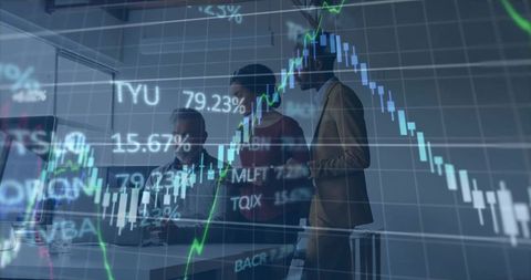 Business team discussing candlestick market analytics overlaid on boardroom meeting