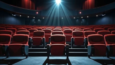 Empty theater auditorium with red plush seats under spotlight