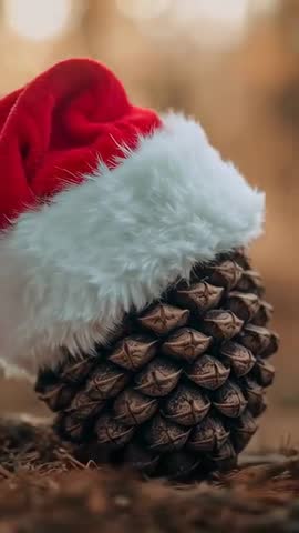Vertical video nudging pine cone wearing Santa hat, shifting across rustic forest floor