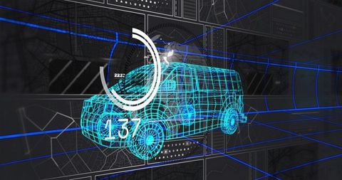 Cyan wireframe van with hud gauge 137 in futuristic 3d vehicle design interface, neon grid