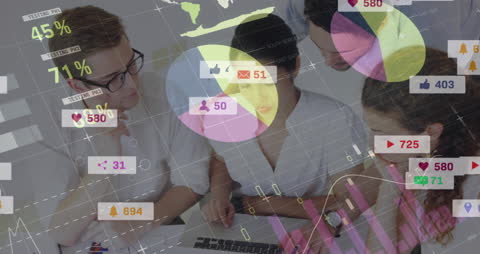 Team Analyzing Infographics and Social Media Notifications