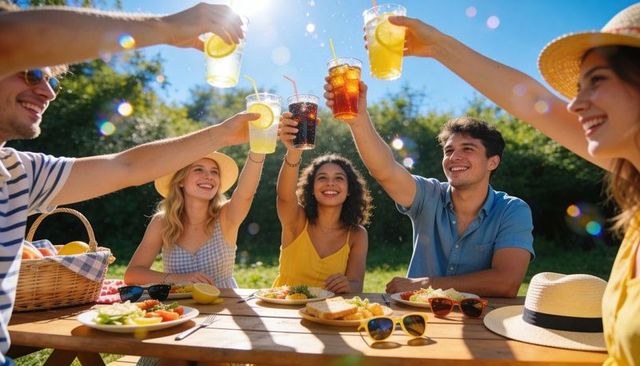 Smiling young adults toasting outdoors at sunny picnic with straw hats and cold drinks