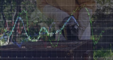 Kneeling senior man tending garden overlaid with financial charts and candlestick graph