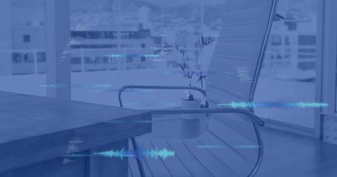 Empty modern boardroom showing sleek chair and wooden table with audio waveform overlay