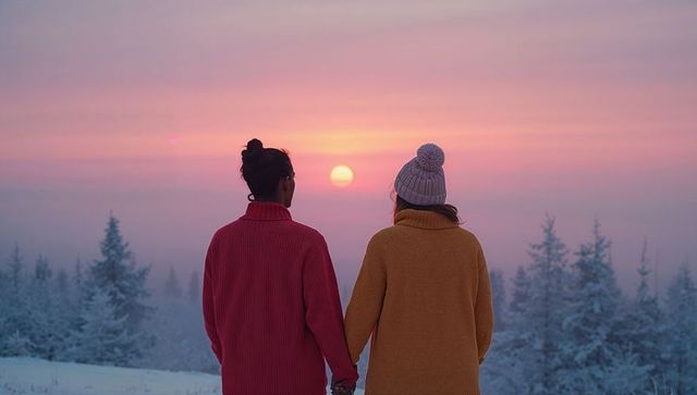 Couple Hand in Hand Watching Winter Sunset over Misty Snowfield
