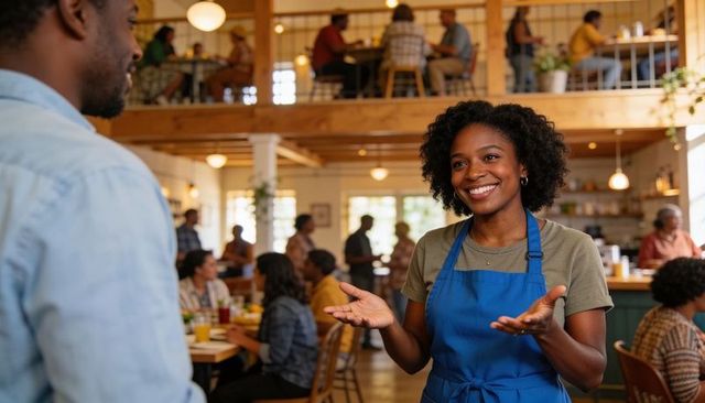 Smiling black server greeting customer and taking order in cozy rustic cafe with mezzanine