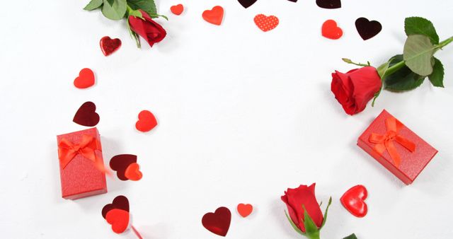 Red roses and gift boxes are scattered among heart-shaped decorations on a white background, with copy space. This festive arrangement is perfect for expressing love and affection during Valentine's Day or romantic celebrations.