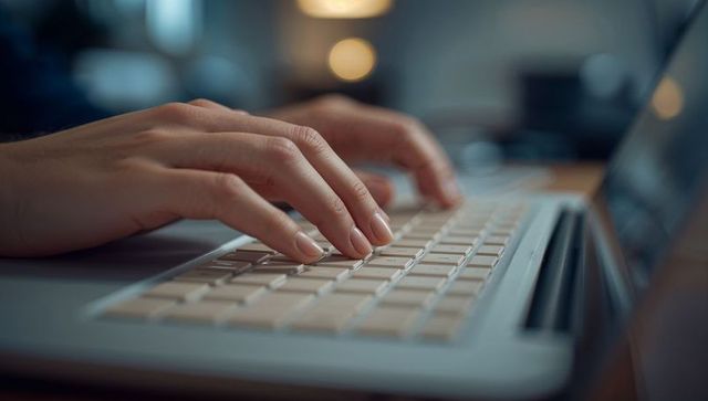 Typing on Laptop Keyboard in Warm Home Office Ambient Light Bokeh Remote Work Focus