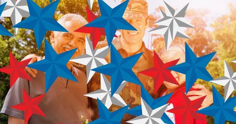 Patriotic Family Gathering with Soldier and Moving Stars Overlay - Download Free Stock Images Pikwizard.com