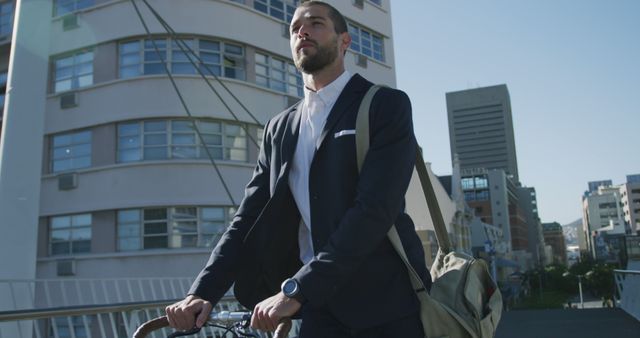 A young professional man in office wear is pushing his bike through the city streets in daylight. The backdrop features various buildings, indicating a downtown business district or an urban area. Ideal for illustrating concepts of modern lifestyle, sustainability, city commuting, eco-friendly transport, and work-life balance.