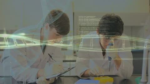 Scientists Analyzing DNA Data in High-Tech Lab