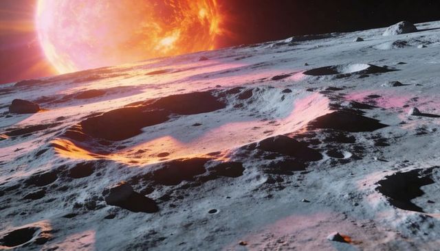 Lunar crater field under fiery starlight reflecting pink orange glows