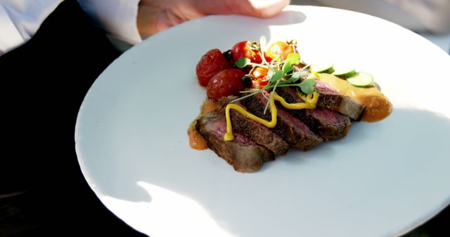 Gourmet Steak Dish with Tomatoes and Microgreens on White Plate - Download Free Stock Photos Pikwizard.com