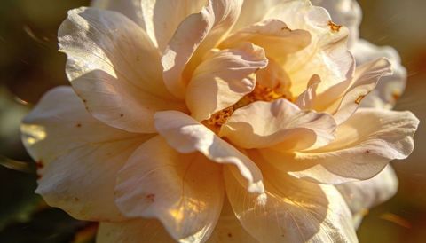 Glowing pale peach rose macro closeup, backlit ruffled petals and stamen at golden hour