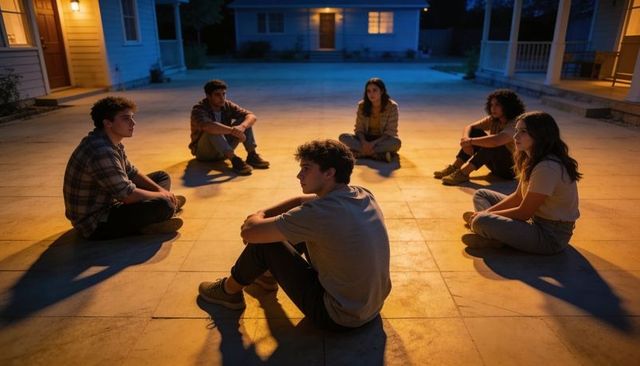 Six teens sitting in circle on tiled patio at night chatting under warm porch lights