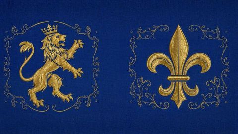 Golden lion rampant and fleur-de-lis on royal blue background