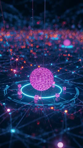 Pulsing Magenta Sphere Hovering Above Cyan Ring on Neon Digital Grid Vertical Video