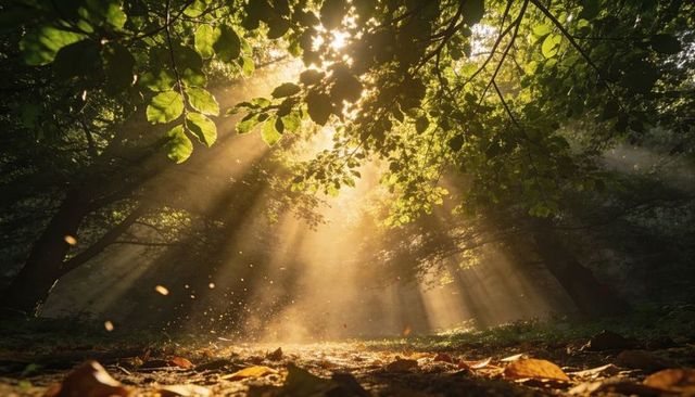 Golden sunbeams filtering through leafy canopy over misty forest floor, particles glowing
