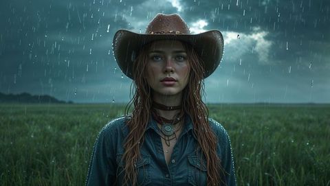 Cowgirl in a hat stands in rainy field capturing resilience and solitude