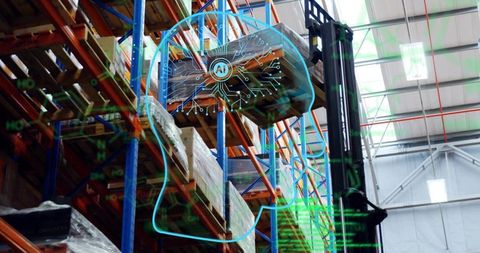 Ai-driven warehouse automation forklift lifting pallet with holographic inventory overlay