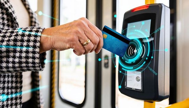 Tapping contactless transit card at bus validator, houndstooth coat and gold ring