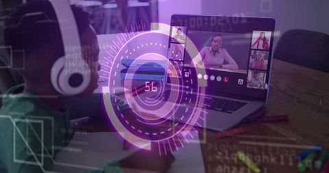 Schoolgirl participating in virtual classroom with headset and digital purple HUD overlay