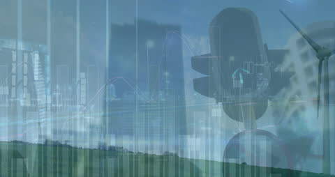 Graphs and Financial Data Overlaying Traffic Light and Cityscape