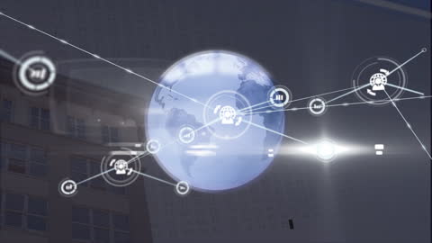 Digital Globe with Networking Icons Over Cityscape