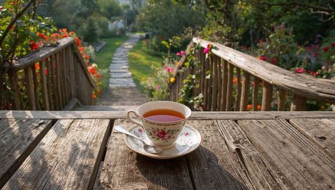 Sunlit floral china teacup resting on weathered deck overlooking blooming garden path