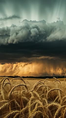 Vertical storm video of advancing shelf cloud rolling over golden wheat field with rain shafts