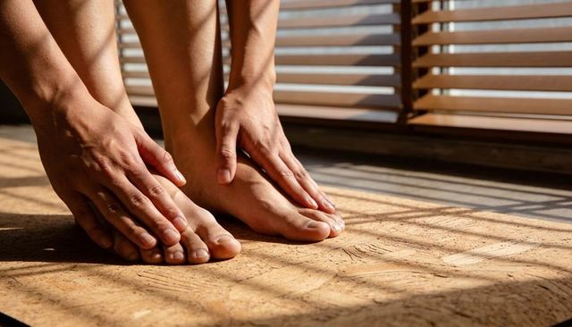 Resting bare feet and hands on sunlit wooden floor casting striped blinds shadows