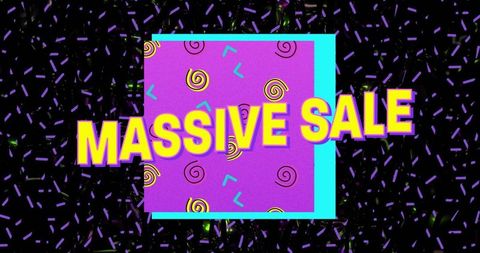 Neon retro massive sale design with 90s memphis graphics, bright cyan frame and typography