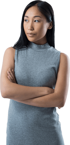Thoughtful Young Asian Woman Standing with Arms Crossed Transparent Background