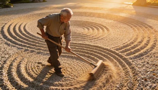 Senior raking concentric gravel circles with wooden rake in sunlit zen garden at sunset