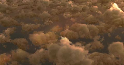 Golden sunlit cumulus cloudscape from high-altitude drone perspective with atmospheric depth