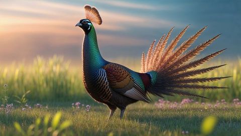 Majestic crested bird animal with vibrant plumage in flourishing meadow