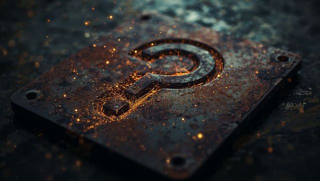 Glowing question mark on rusty metal plate with flickering embers