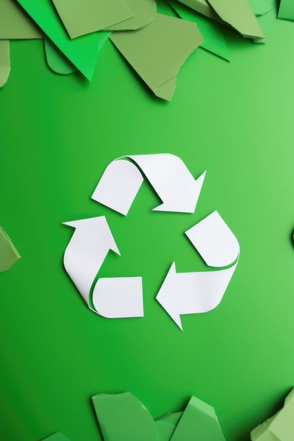 White arrows recycling sign and paper on green background, created using generative ai technology. Recycling, environment and climate change awareness concept digitally generated image.