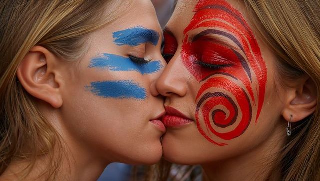 Two women kissing with bold face paint closeup portrait red spiral blue stripes festival