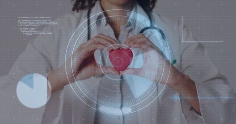 Female doctor holding heart model with digital interfaces