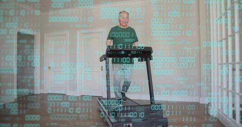 Mature asian man running on treadmill at home with cyan binary overlay for tech fitness