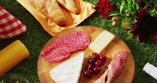 Image depicts a picnic scene set on the grass featuring a wooden board with assorted charcuterie: slices of salami, prosciutto, cheese, brie, and cherries. A plate with baguettes and a bunch of fresh flowers are also present. This can be used to illustrate concepts such as outdoor gatherings, summer activities, alfresco dining, or food-centric events.