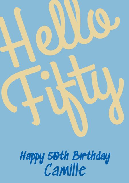 Ideal for celebrating milestone birthdays, especially 50th birthdays, with a joyful and festive design. Features bold 'Hello Fifty' text in cheery pastel colors, perfect for personalized greeting cards, birthday invitations, or party decorations.