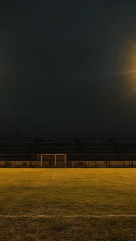 Vertical Night Stadium Video Floodlights Lighting Empty Soccer Field with Metal Goal and Stands