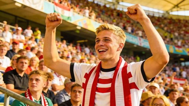 Young fan cheering and pumping fists in packed stadium wearing team scarf