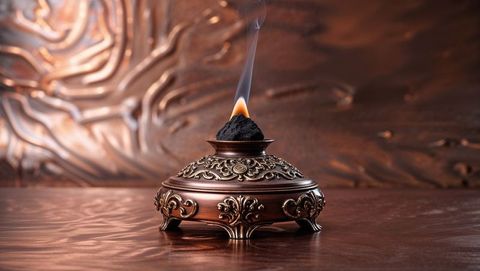 Ornate Antique Incense Burner with Delicate Smoke in Meditation Space